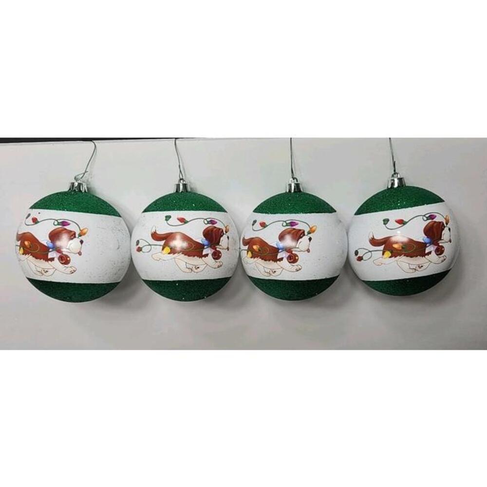 SET OF 4 AT-HOME ELF ON THE SHELF SHATTERPROOF ORNAMENTS: DOG TANGLED IN LIGHTS